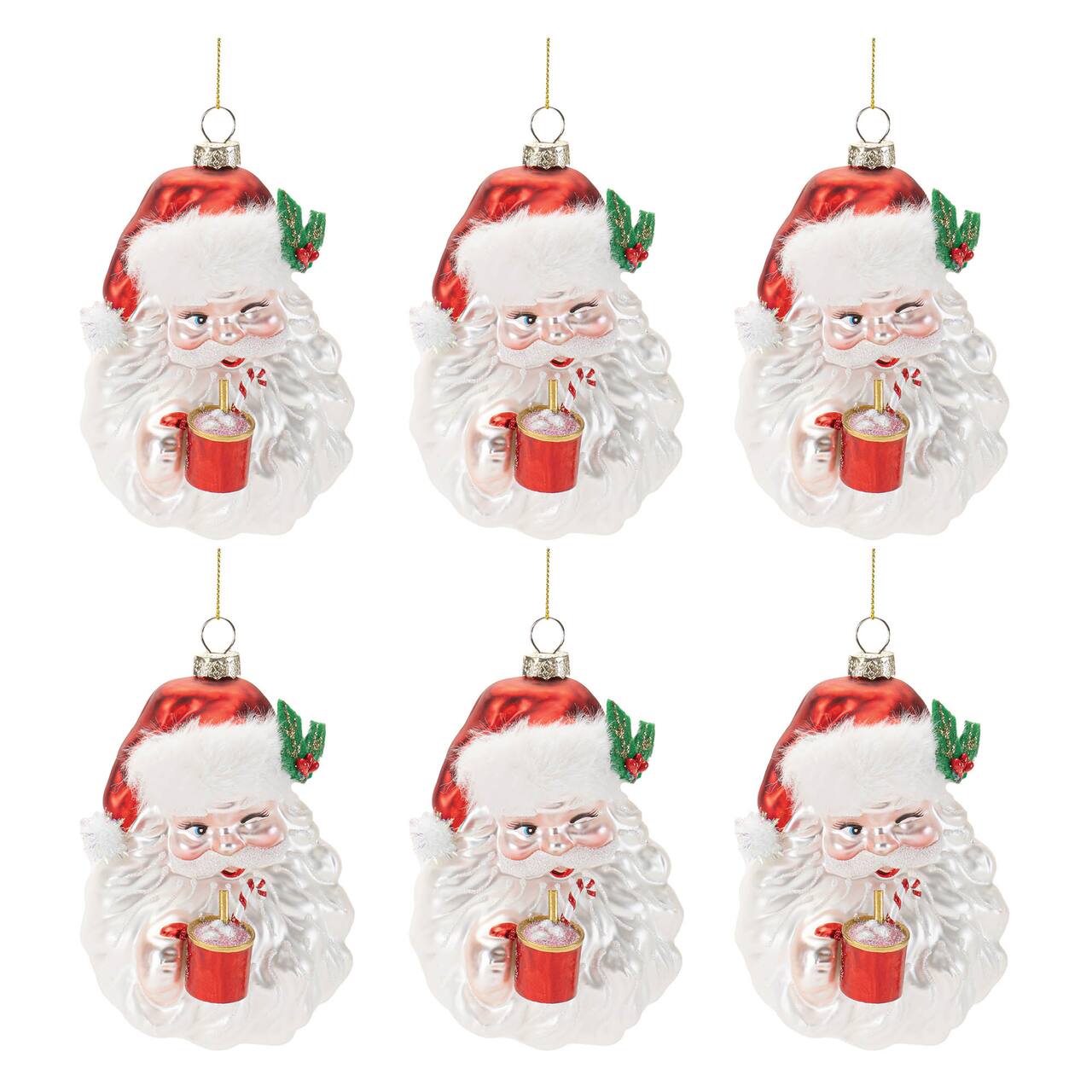 Glass Santa with Hot Cocoa Christmas Ornaments, 6ct.